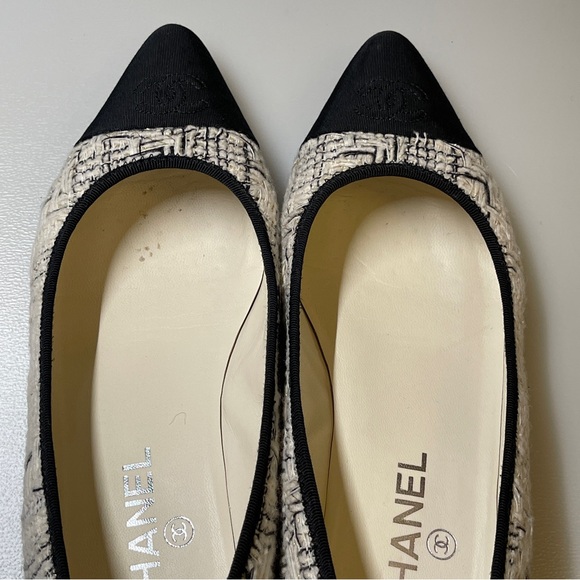 Chanel Chain Link Heel tweed CC Ballerinas flat black white size 39women - Picture 8 of 12